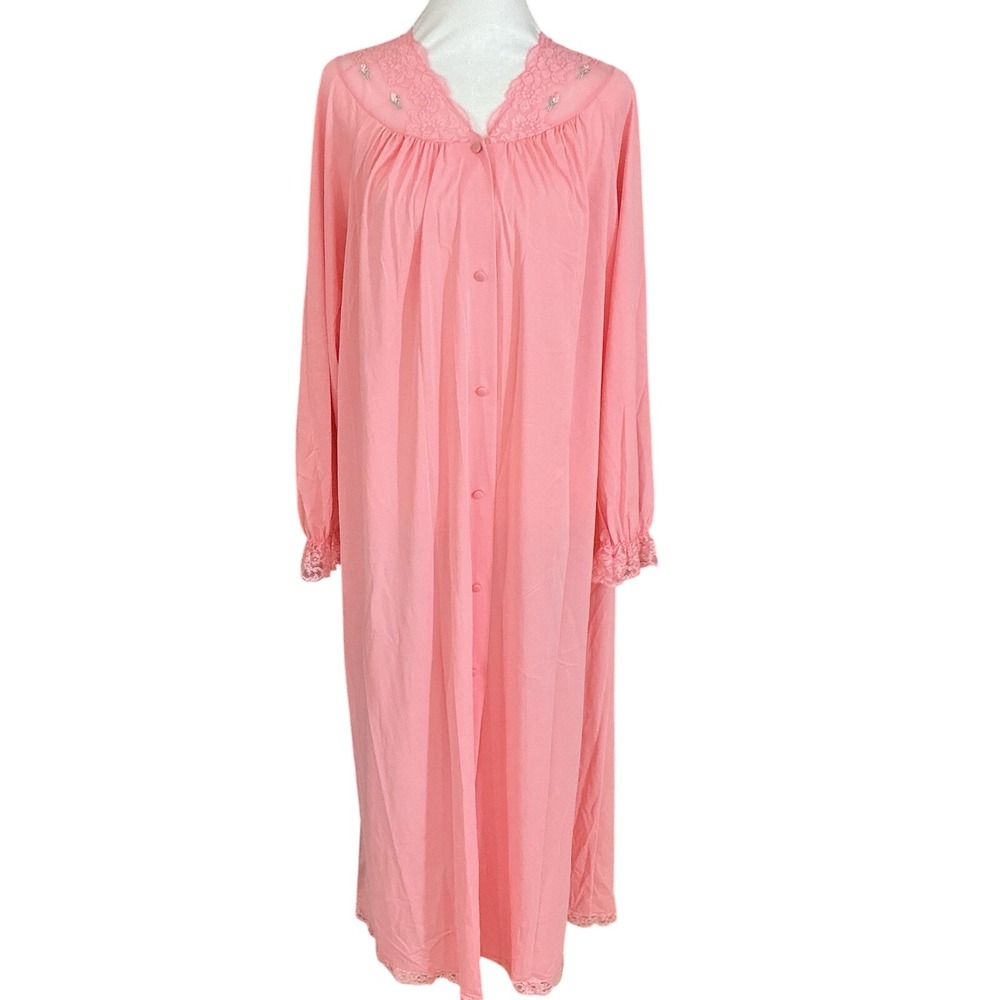 Vintage Shadowline Button-Front Full Length Robe Pink Lace Bodice & Trim Medium